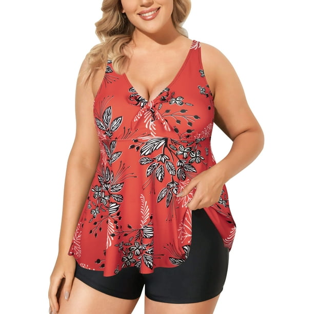 Plus Size Tankini Bathing Suits for Women Two Piece V Neck Flowy Swimsuits Modest Swimwears