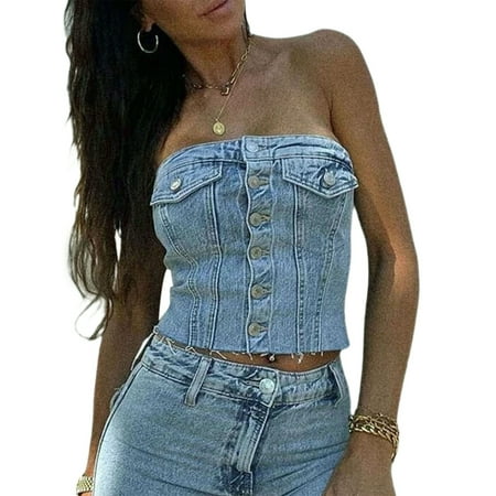 

AMILIEe Women Denim Tube Top Button Solid Skinny Sleeveless Strapless Corset Crop Tops