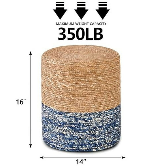 Wimarsbon Natural Seagrass Foot Stool, Hand Weaving Round Ottoman, for Living Room, Outdoor Seat (Natural & Blue)