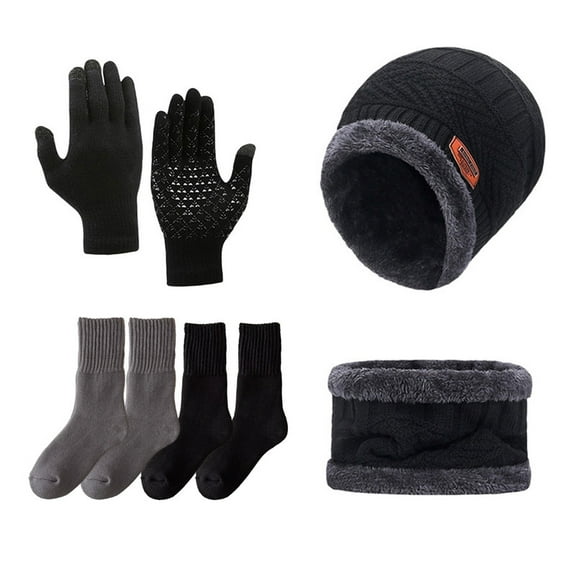 Winter Beanies Gloves Scarf Sock Sets for Men Fleece Lined Skull Cap Neck Warmer Touch Screen Gloves and Thicken Socks Set, Black