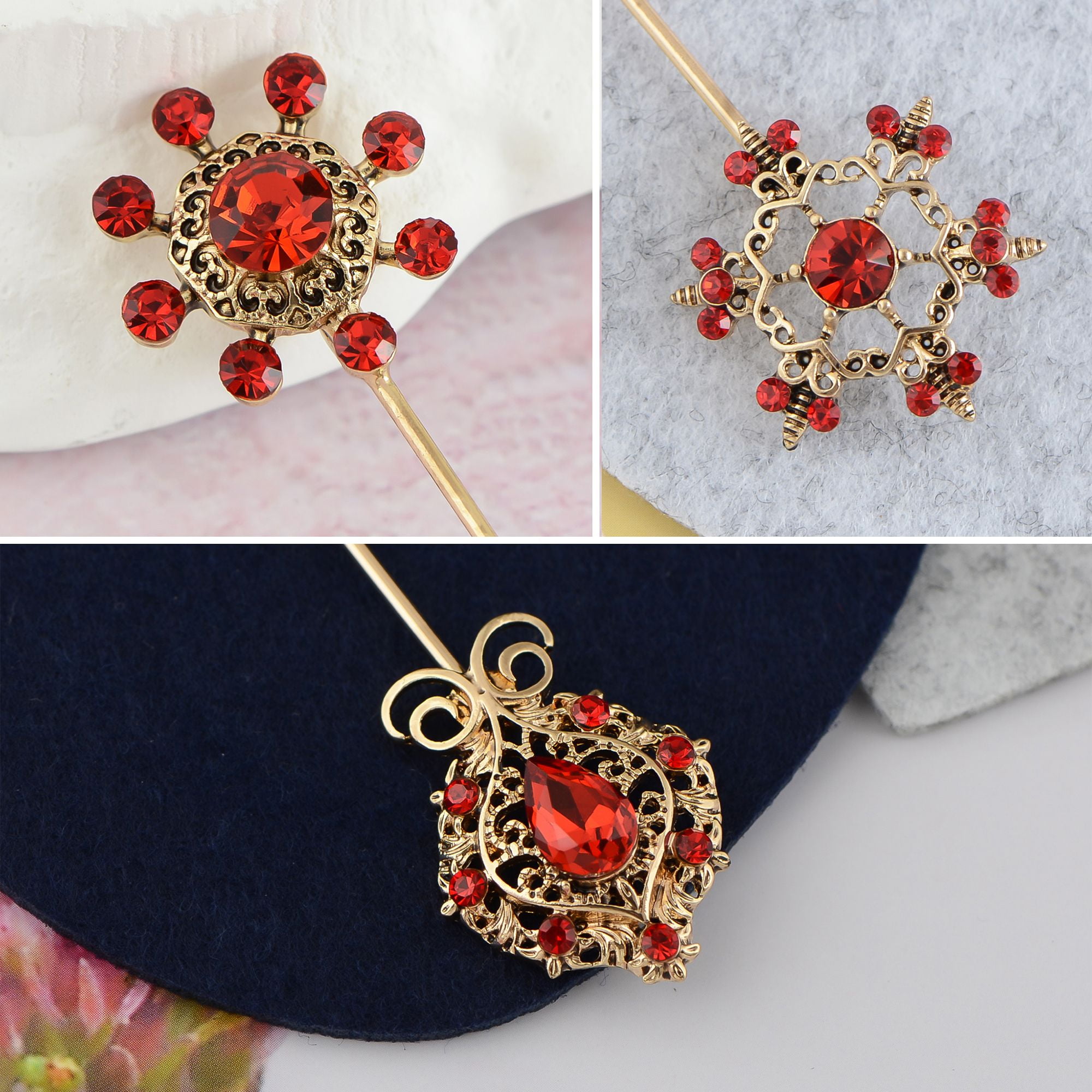 Vintage 3Pcs Long Stick Hat Pins Crystal Flower Butterfly and Pearl Details for Classic Hat Lapel and Scarf Accessorizing - 3pcs Flower