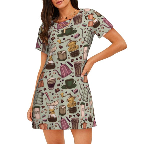 Logiee Coffee pots cup Print Nightgowns for Women,Soft Short-Sleeved Lightweight Sleepwear, Loose Sleepshirts