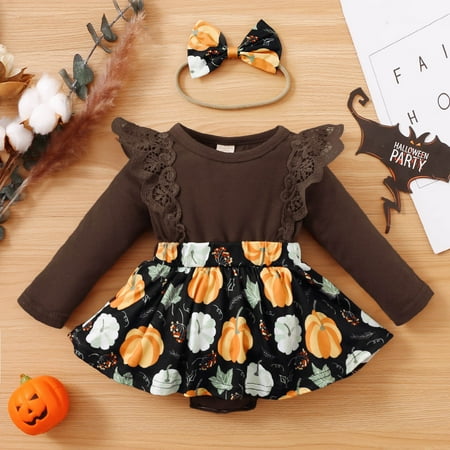 

BTJX Girls Lace Ruffles Long Sleeve Cartoon Prints Romper Bodysuits Headbands Set