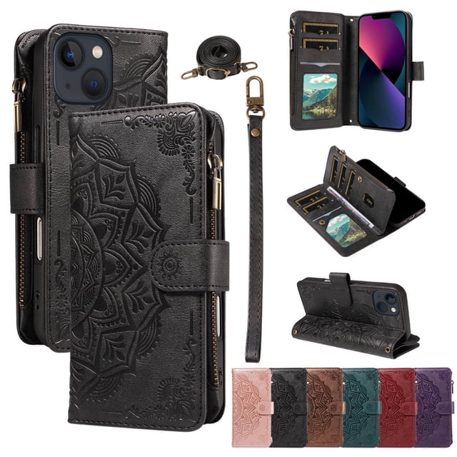 For iPhone 14 Plus Wallet Case, 9 Card Slots RFID Blocking Crossbody Leather Cover, Zipper Pocket, Detachable Wrist & Shoulder Strap, Magnetic Shockproof Protective Phone Case for Women,Black