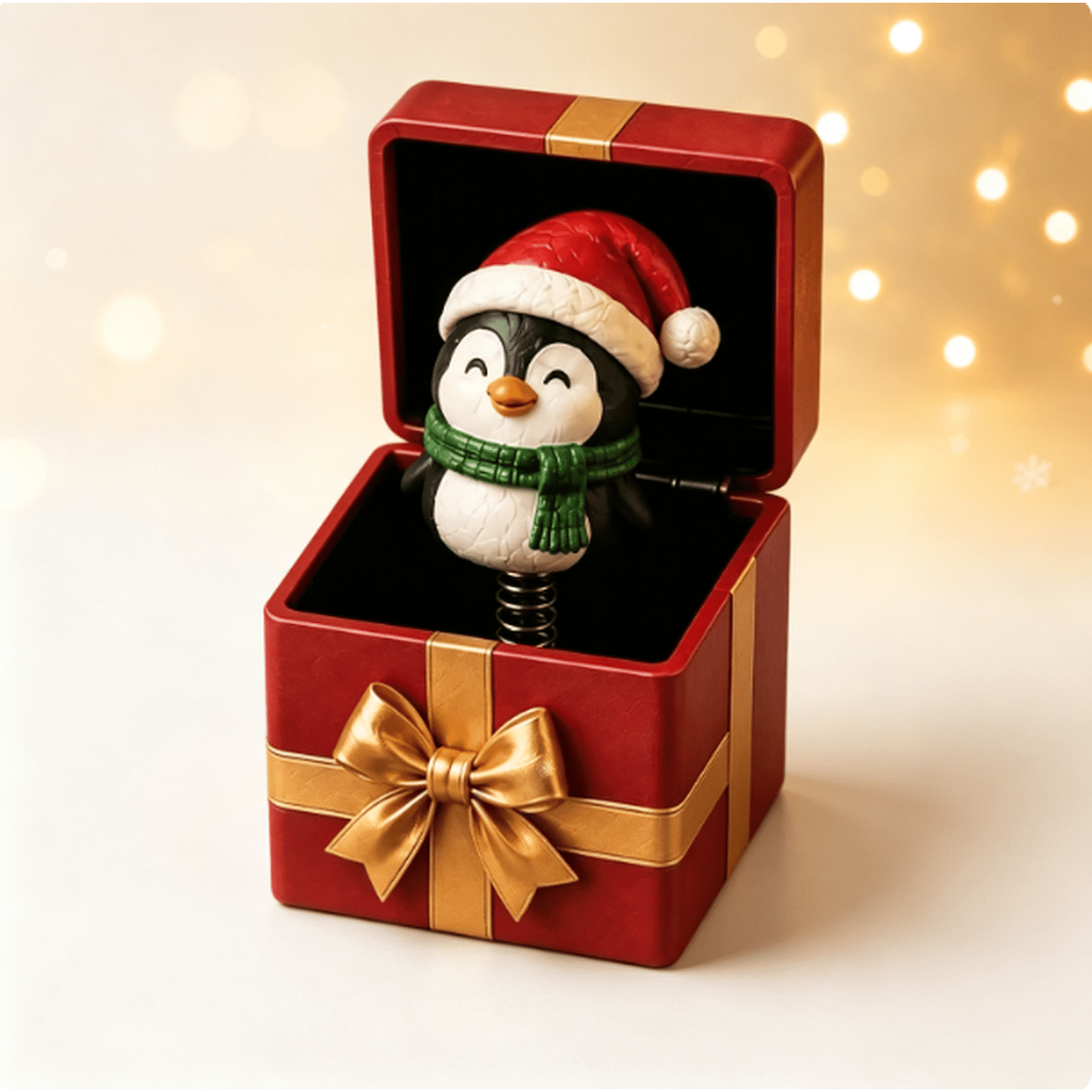 Christmas Magic Pop-Up Gift Box Red Gift Box with Golden Bow Cute Christmas Character Pop Up Surprise Decoration (Penguin)
