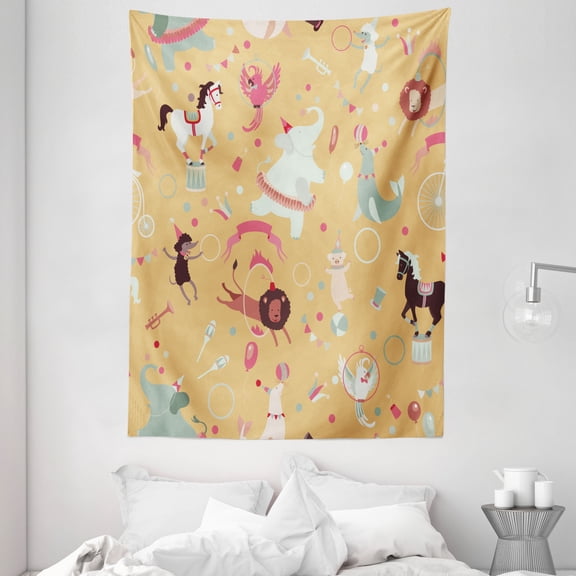 Circus Tapestry, Retro Cartoon Circus Theme with Seal Holding Ball on His Nose in Balance and Others, Wall Hanging for Bedroom Living Room Dorm Decor, 60W X 80L Inches, Multicolor, by Ambesonne