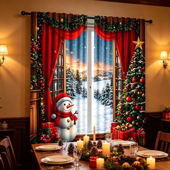Christmas Decor Window Curtains, 2 Pieces Christmas Rod Pocket Curtains, Snowman Santa Decor for Home Kitchen Livingroom Coffee Room