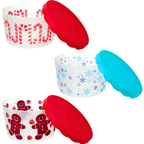 3-Pack Holiday Food Storage Containers With Scallop Lids, 8in. Christmas-Themed Plastic Party Server for Cookies Snacks Leftovers Gifting - Airtight Reusable BPA-Free Storage Bowls Designs May Vary