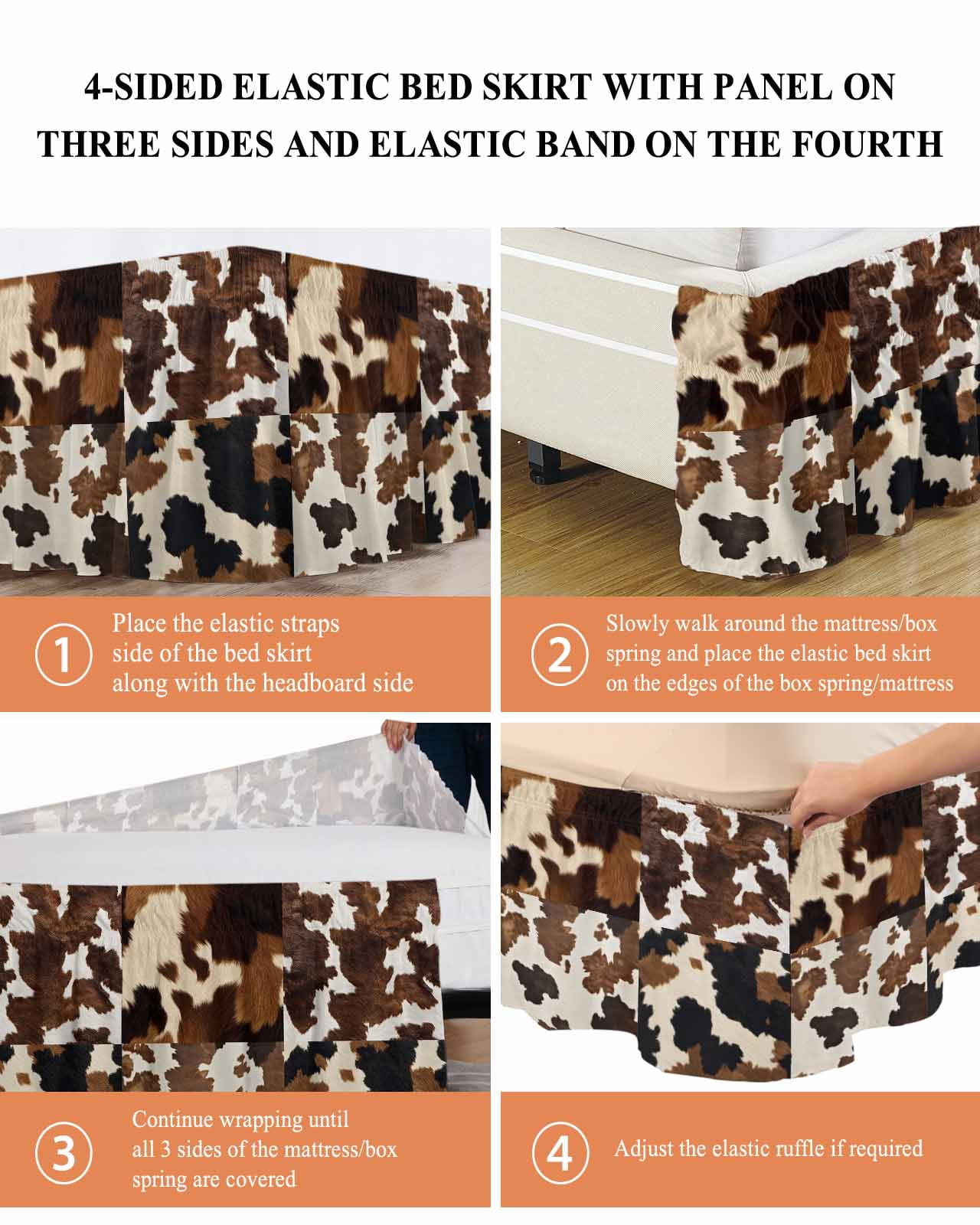 Cow Patterned Wrap Around Bed Skirts for King Bed 16" Drop,Bed Skirt with Adjustable Elastic Belt Dust Ruffle Bed Valance for Bedroom Hotel Vintage Farmhouse Abstract Country Western Bed Frame Cover