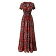 thumbnail image 4 of USSUMA Dress Women's Wedding Guest Vintage Smocked Long Flowy Swing Maxi Sundresses for Women Casual Beach Floral Print V-Neck Short Sleeve Summer Sun Dresses Graduation, 4 of 6