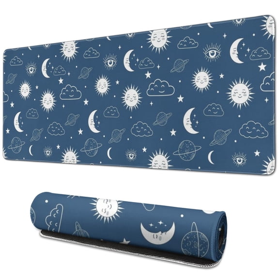 Long Mouse Pads for Desk,Blue Sun Moon Cloud Planet Eye Star Desk Mats on Top Of Desks, Desk Mouse Pad Extra Large with 3mm Non-Slip Base and Stitched Edge for Gaming,Work,Home 31.5"x11.8"