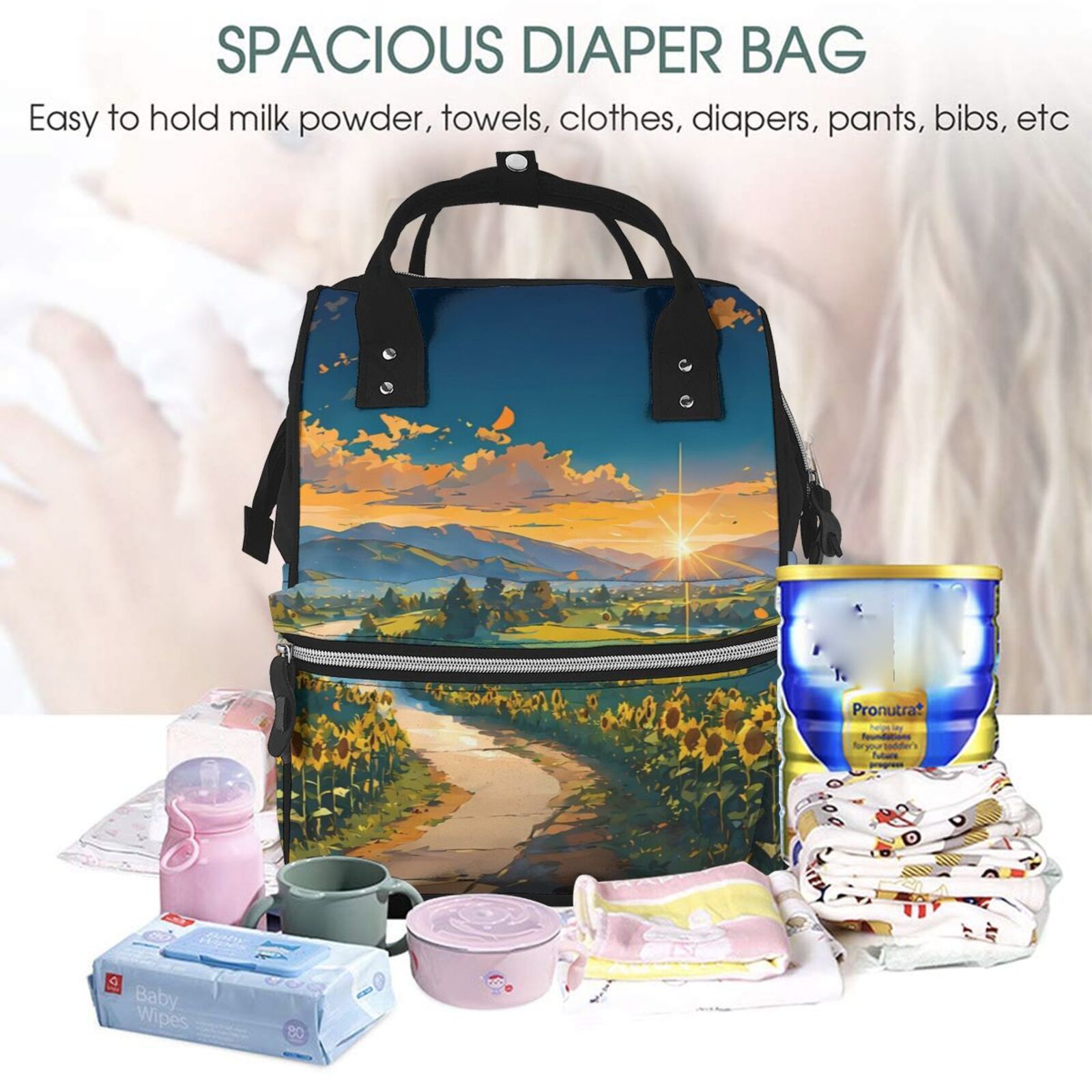 Fuzoiu Sunflowers At Sunset Print Diaper Bag Backpack,Baby Essentials Travel Tote,Multi function Waterproof Diaper Bag, Travel Essentials Baby Bag - Unisex