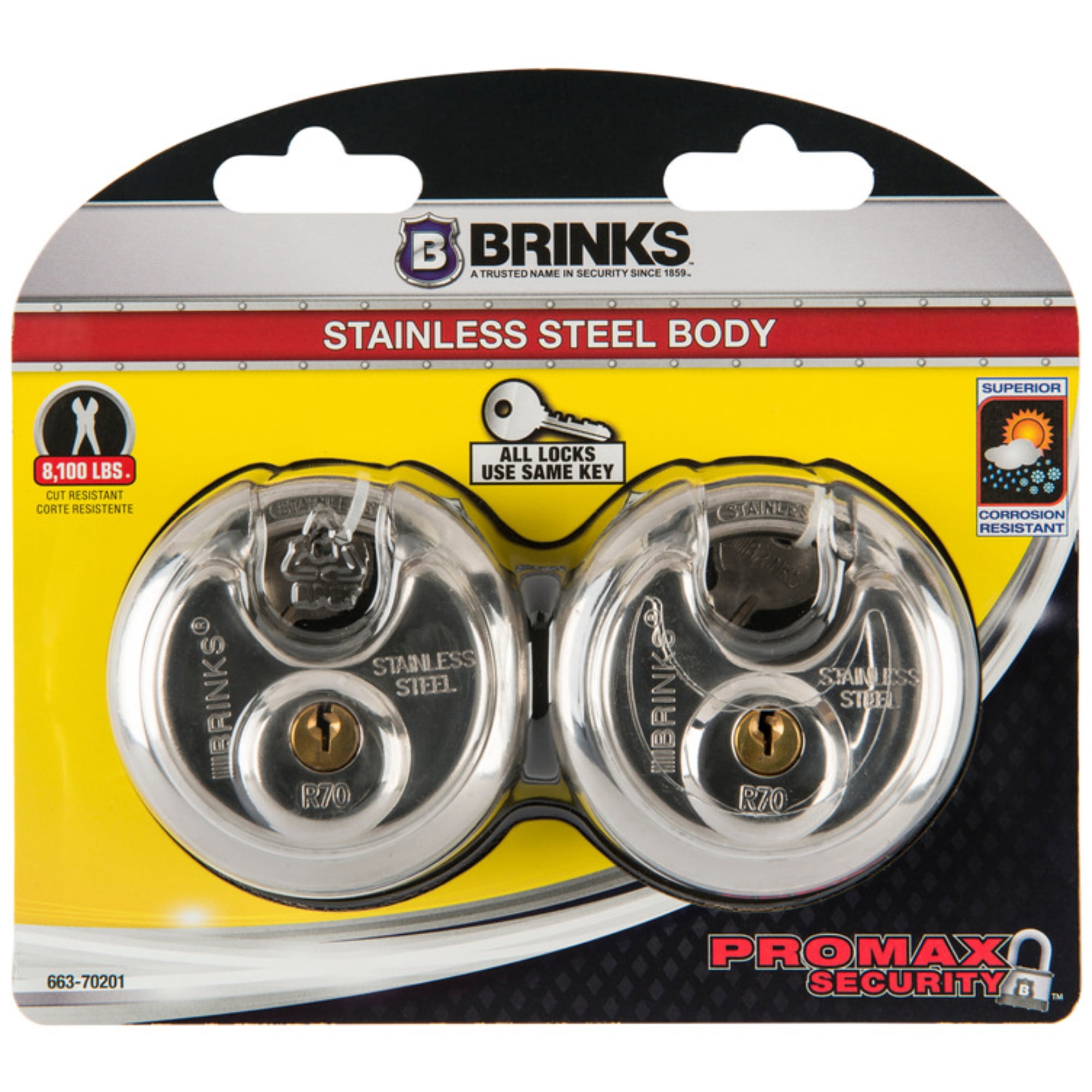 (2 pack) Brinks Stainless Steel 70mm Keyed Discus Padlock with 5/8in Shackle, 2 pack