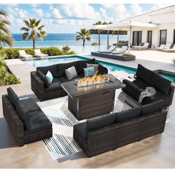 Grezone 11 PCS Outdoor Patio Furniture Set with Fire Pit Table, Wicker Patio Conversation Set, Black