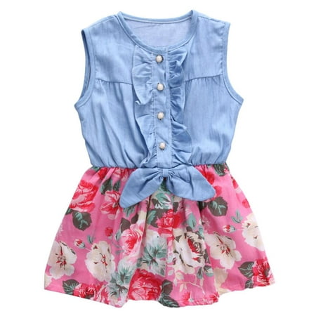

Girl Tutu Denim Dress Short Sleeve Lace Princess Party Skirts 0-7Years