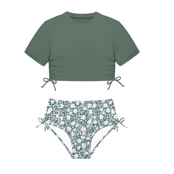 CAIVO Child Girls Two Piece Swimsuit Sets Round Neck Short Sleeve Cropped Top And High Waist Shorts Floral Print Sporty Swimwear Beach Pool Play Bathing Suit