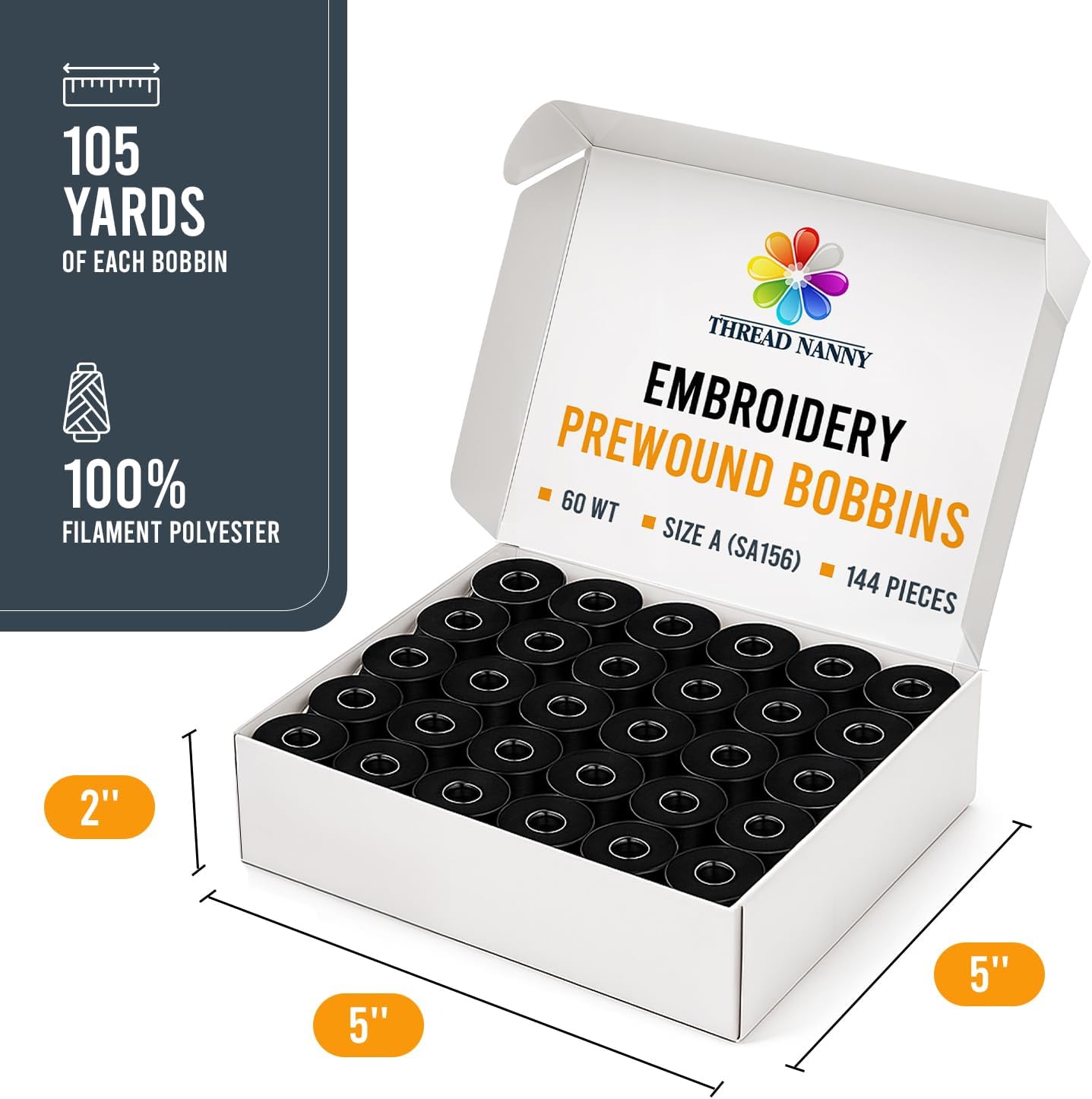 New ThreadNanny 144 Class A Black Pre-Wound Bobbins for Brother Embroidery Machines Compatible with SE 270D, SE 400, SE350, PE-700, PE700II, PE-750D, PE-770