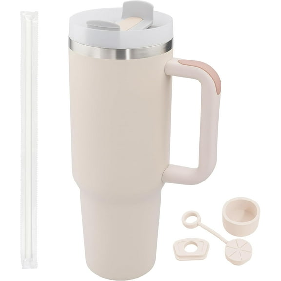 40 oz tumbler with handle and Straw Lid Leak-proof Silicone Boot Straw Cover Cap Travel Coffee Mug Stainless Steel Water B Insulated Cup for Hot and Cold Beverages Gift Idea (Rose Quartz, 40oz)