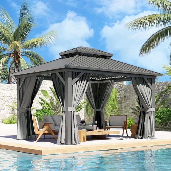 Dateyes 10x12 FT Outdoor Hardtop Gazebo, Aluminum Frame Gazebo with Removable Mesh Walls and Curtains for Patio, Lawns, Gray