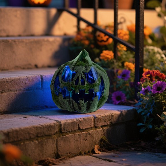 Halloween 8.66 Inch Pumpkin Light, Halloween Jack O Lantern Pumpkin Decoration with Web Design, Glowing Pumpkin Ornament for Indoor Outdoor Party Holiday Decor