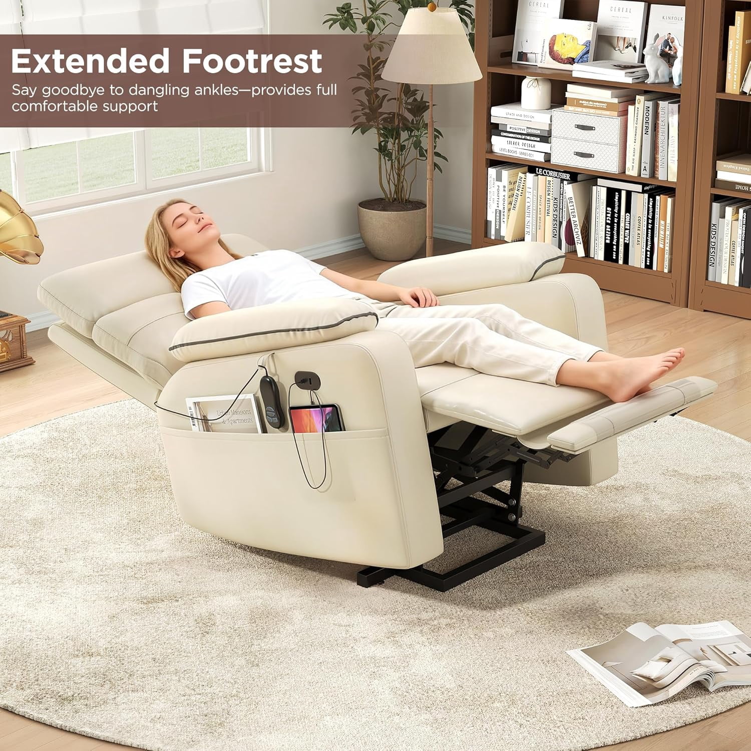 Vabches Power Lift Recliner Chair Dual Motor, Electric Leather Recliner for Adults with Cup Holder, Tray and USB & Type-C, Pillow Side Pocket