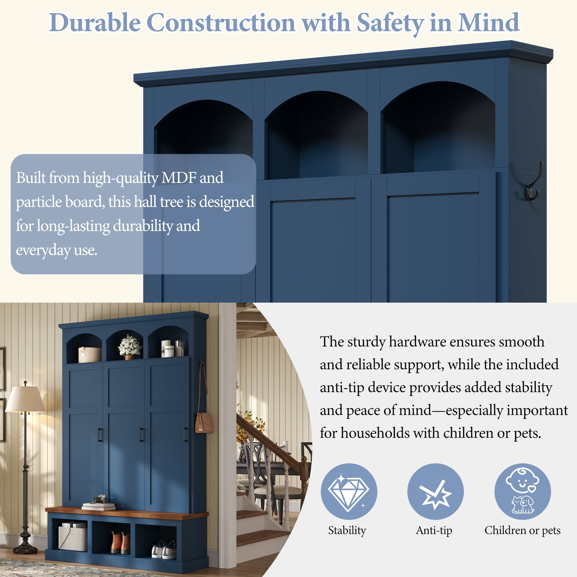 Homy Casa 49.2" Mudroom Hall Tree with Built-in Bench, Coat Rack, Doors & Shoe Storage, Blue