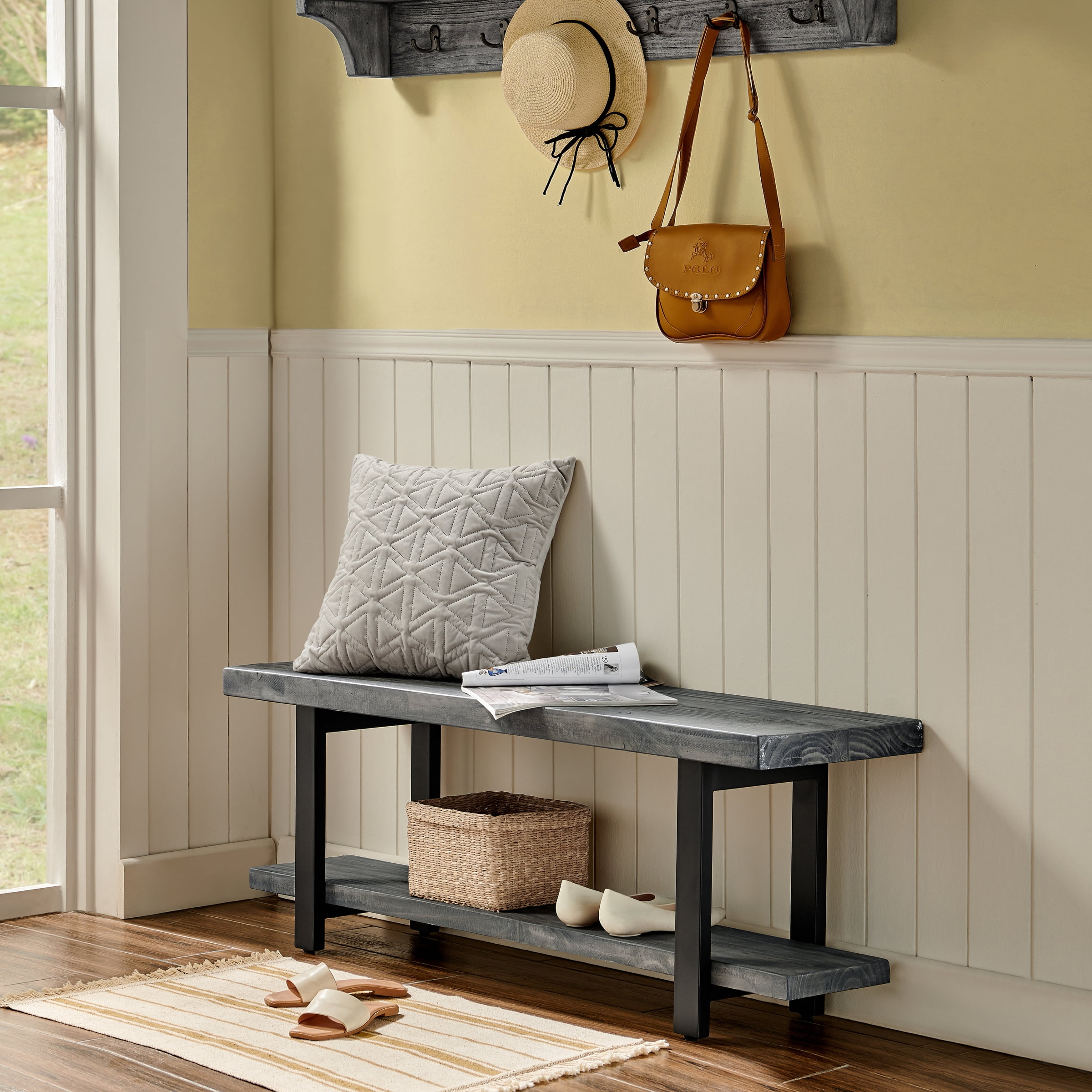 Pomona 2 Tier Entryway Bench with Storage Shelf – Solid Pine Wood