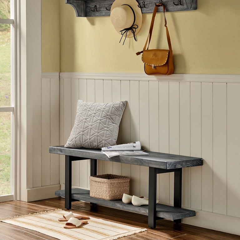Pomona 2 Tier Entryway Bench with Storage Shelf – Solid Pine Wood