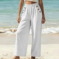 thumbnail image 6 of VEKDONE Lounge Pants for Women Cotton Elastic High Waist Palazzo Pants Button Decorative Straight Leg Trousers Summer Loose Fit Comfy Wide Leg Pants with Pockets White XL, 6 of 7
