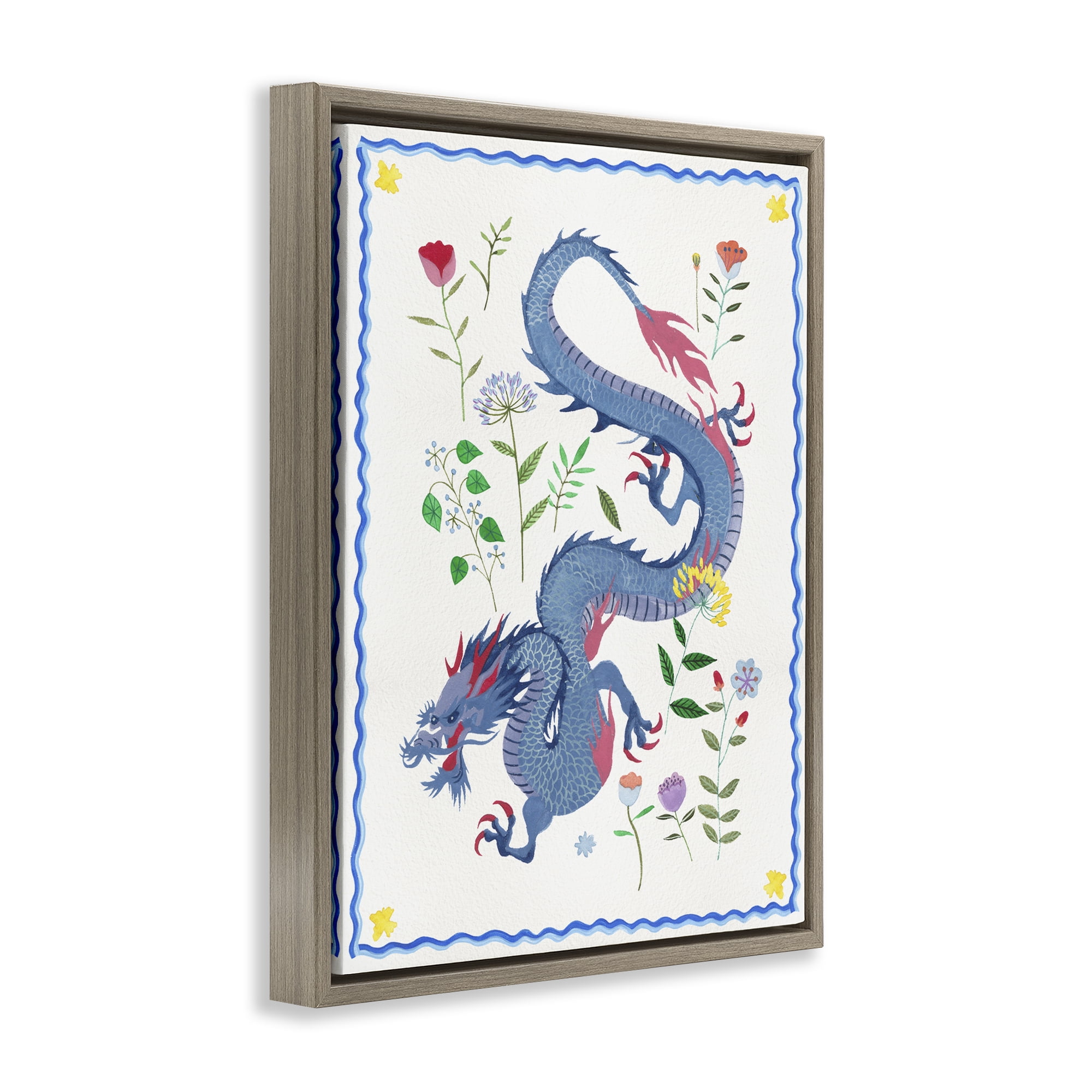 Stupell Industries Blue Dragon & Botanicals Fantasy & Sci-Fi Painting Brown Floater Framed Canvas Art Print Wall Art, 17 x 21