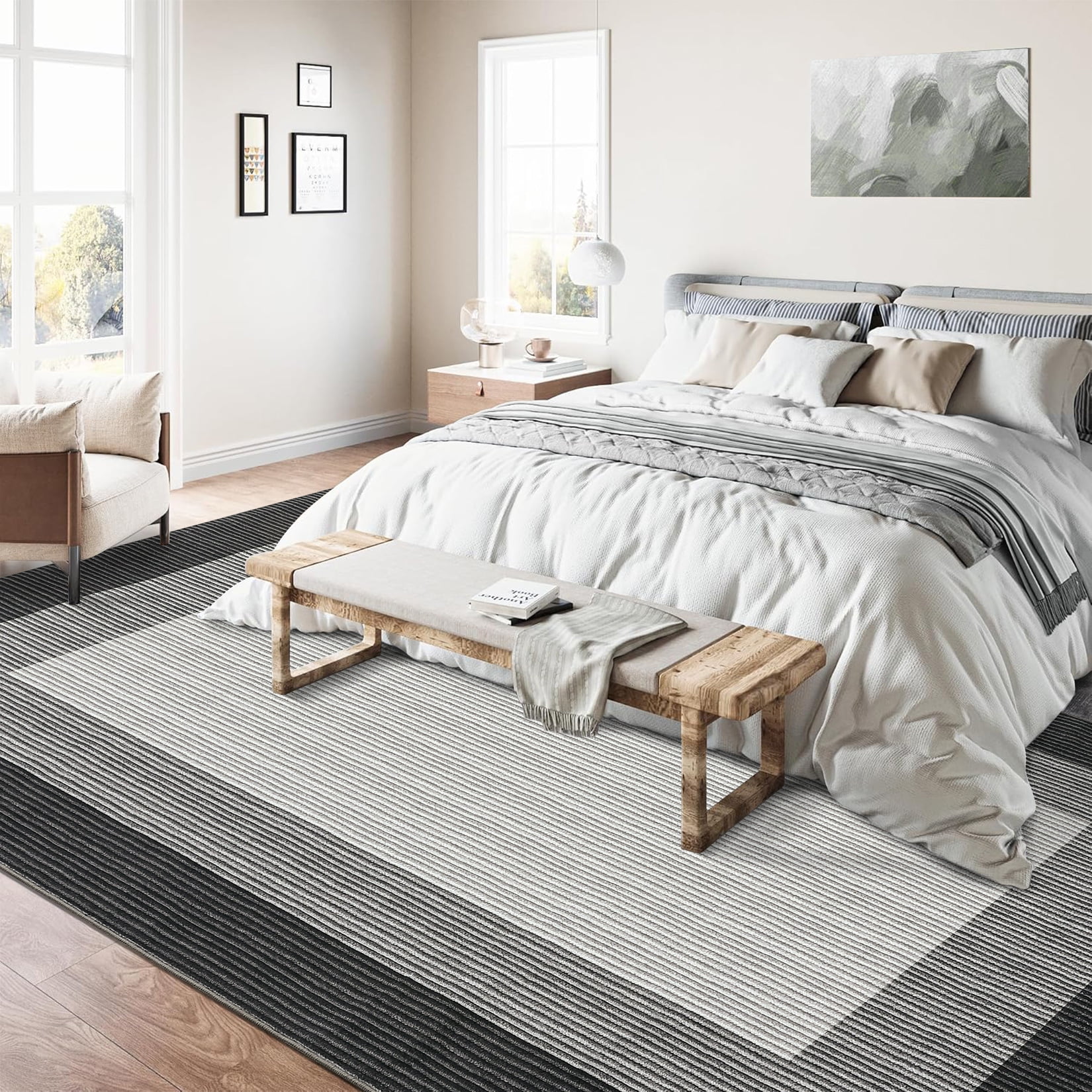 Haperlare Bordered Strip Print Area Rugs Washable Low Pile Rugs for Family Room Nursery Modern Grey Indoor Floor Carpet,10'x13'