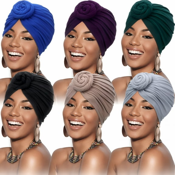 TELOLY 6 Pieces Women African Turban Flower Knot Pre-Tied Bonnet Beanie Cap Headwrap