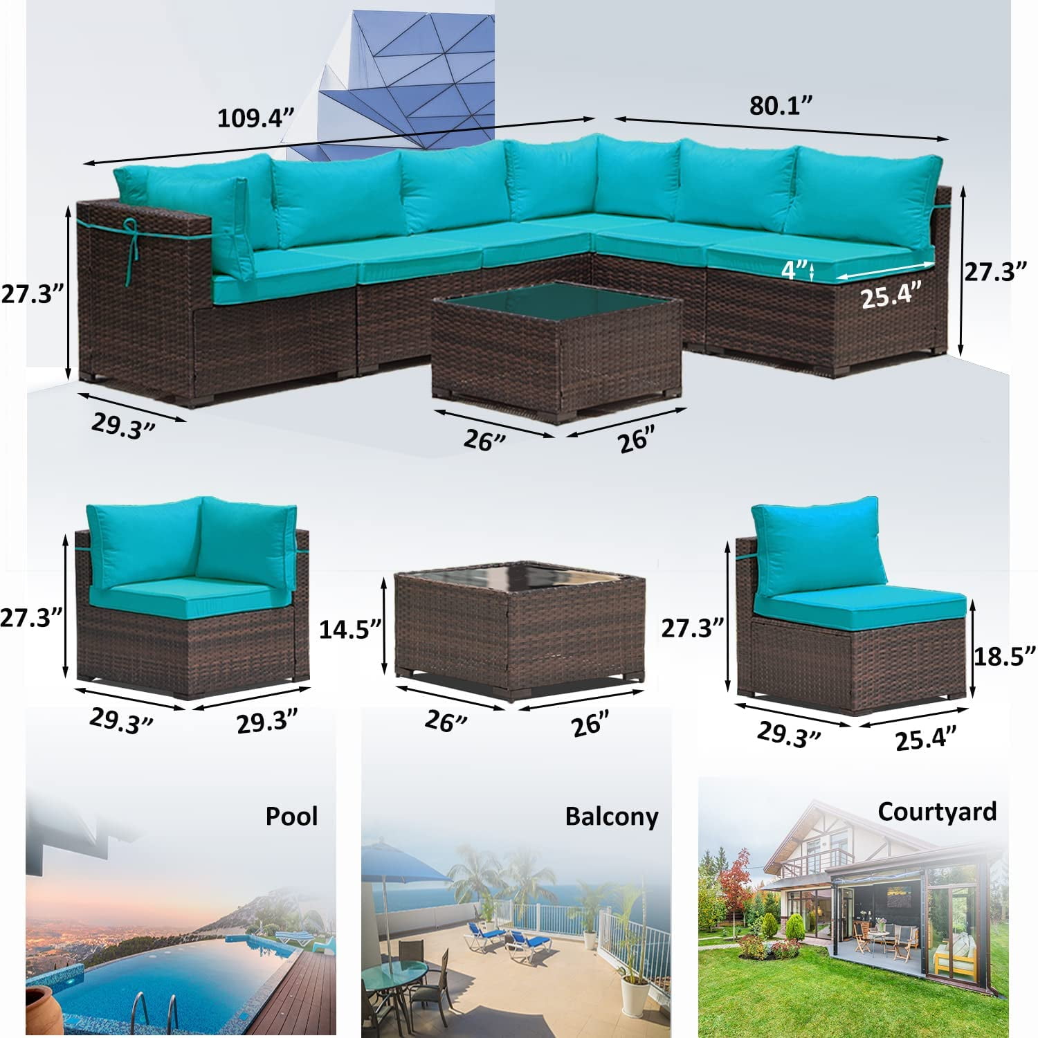 Kullavik Patio Furniture Set 7 Pieces Sectional Sofa PE Rattan Wicker Outdoor Furniture Set Patio Conversation Set with Tempered Glass Table and Cushion,Blue