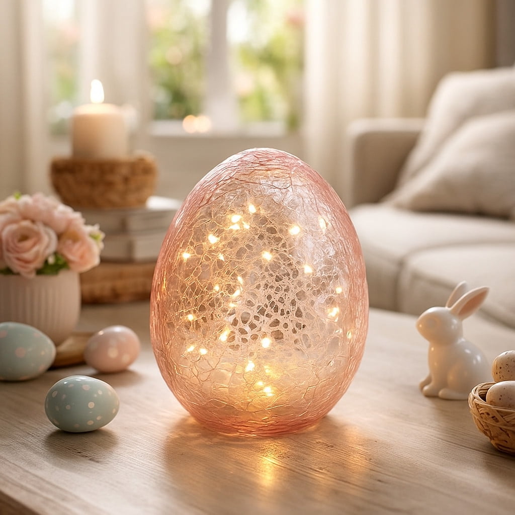 6 Inch LED Lighted Easter Egg Decor, Crackle Glass Illuminated Egg with Warm White Fairy Lights, Battery Operated Spring Table Centerpiece Pink