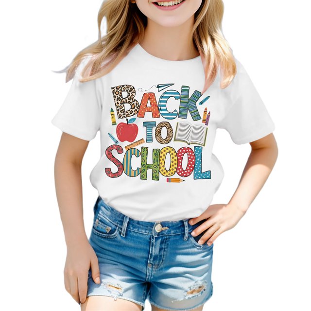 NINGMENG Hauts et T-Shirts pour Filles, Été, Dernier Jour d'École, Imprimé Lettre, Col Rond, Manches Courtes, Mode Ample, Blanc, 8-9 Ans