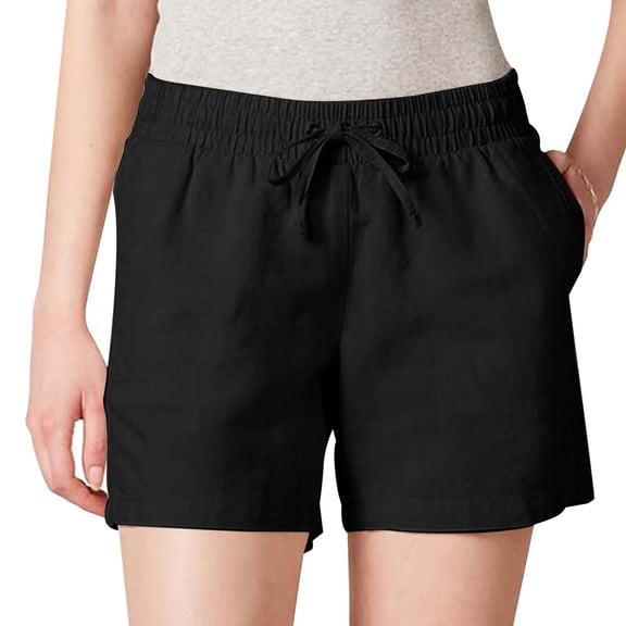 Huowey Shorts For Women Straight Leg Casual Linen Pants Drawstring Elastic Waist Sports Loose Shorts With Pockets Solid Color Summer Casual Fashion Breathable Shorts Dailywear,Black,L