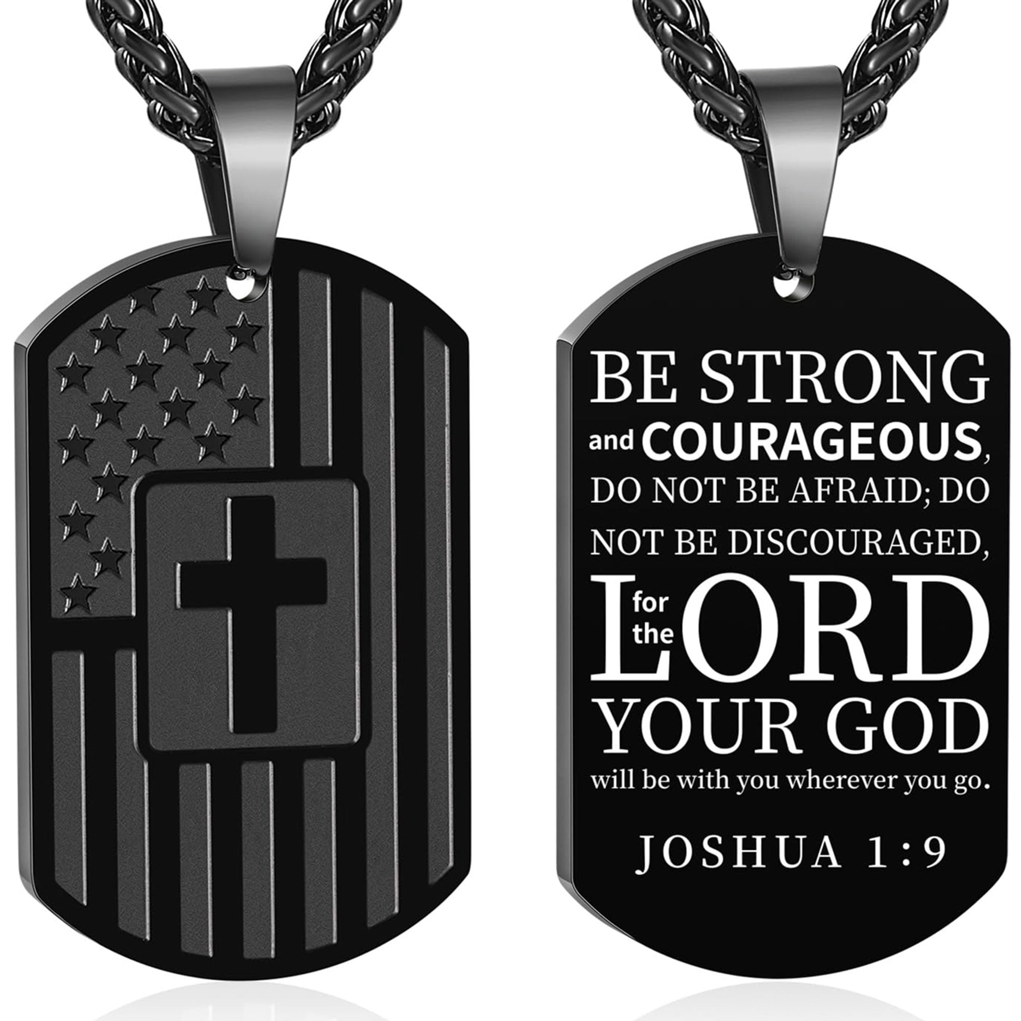 APSVO Black Dog Tag Cross Necklaces for Men Boys American Flag Pendant Chain Catholic Christian Religious Birthday First Communion Graduation Fathers Day Jewelry Gifts Teen Son Dad Kids Age Ideas