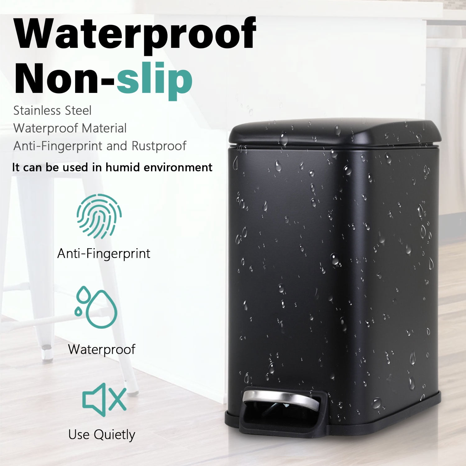 YRLLENSDAN 1.3 Gallon Bathroom Trash Can Kitchen Trash Can with Lid Stainless Steel Garbage Can Small Trash Can with Foot Pedal & Removable Bucket, Black 2 Pack