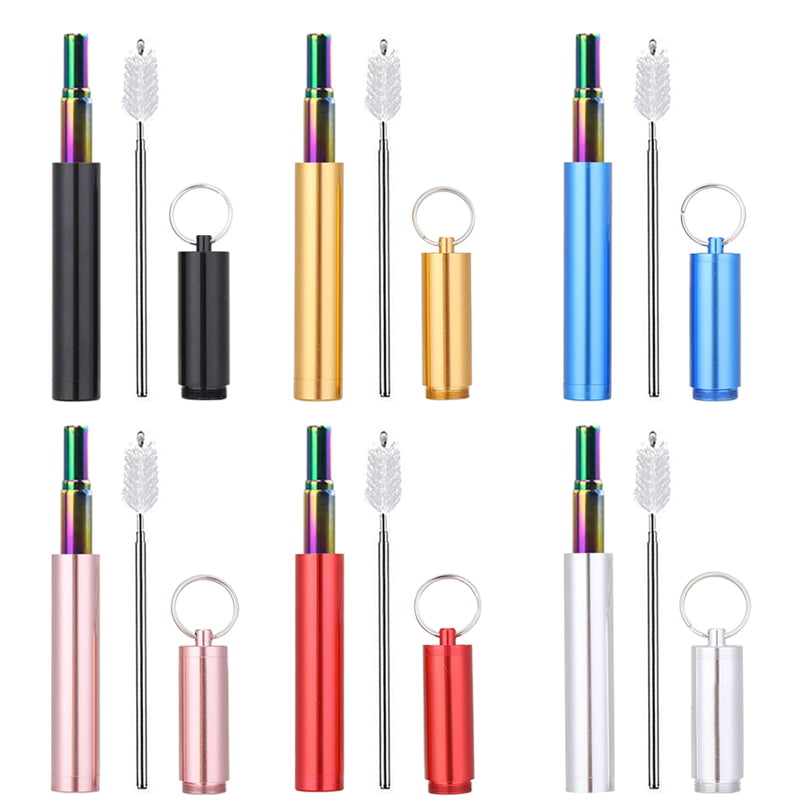 Telescopic Straw Reusable Stainless Steel & Cleaning Brush & Bag Colorful 2 Sets 