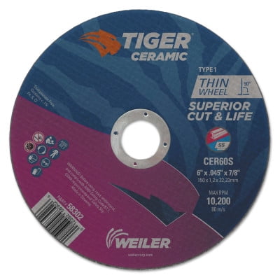 Weiler 804-58302 6 x 0.045 x 0.875 in. Tiger Ceramic Cutting Wheels - Pack of 25