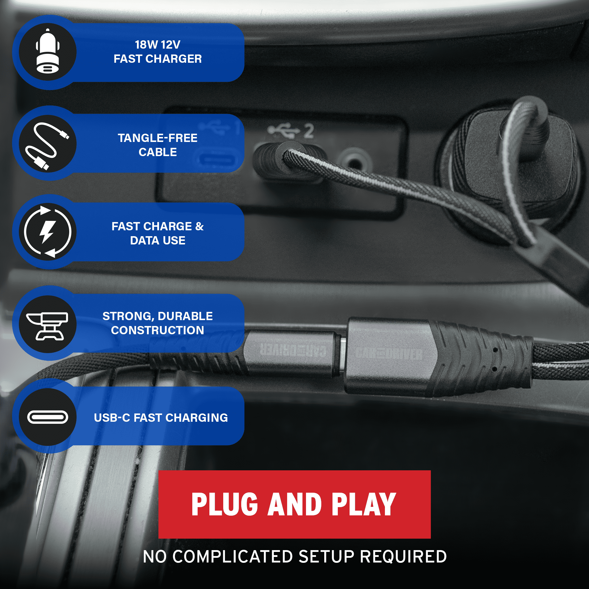 Car and Driver Infotainment Data Cable Kit for Cars ft. 12V Fast Charger, Data Cable for Apple CarPlay, Android Auto, USB-C Fast Charging Terminal, USB-A Data Transfer…