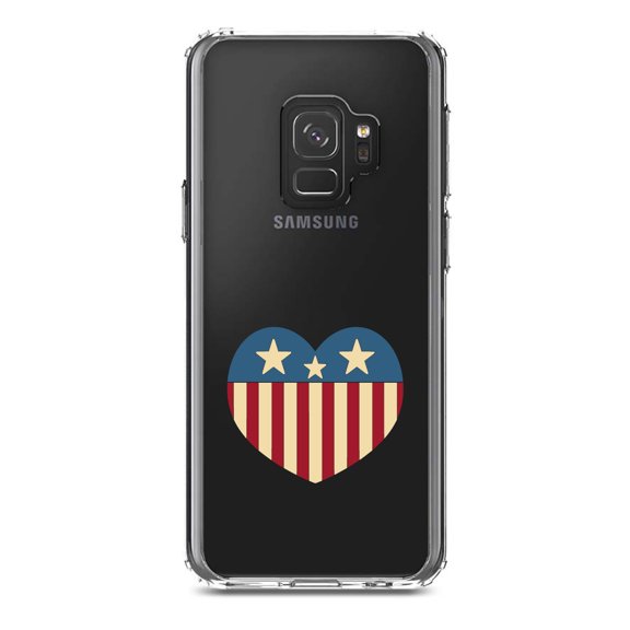 DistinctInk Clear Shockproof Hybrid Case for Samsung Galaxy S9 (5.8" Screen) - TPU Bumper Acrylic Back Tempered Glass Screen Protector - USA Heart Flag Red White & Blue
