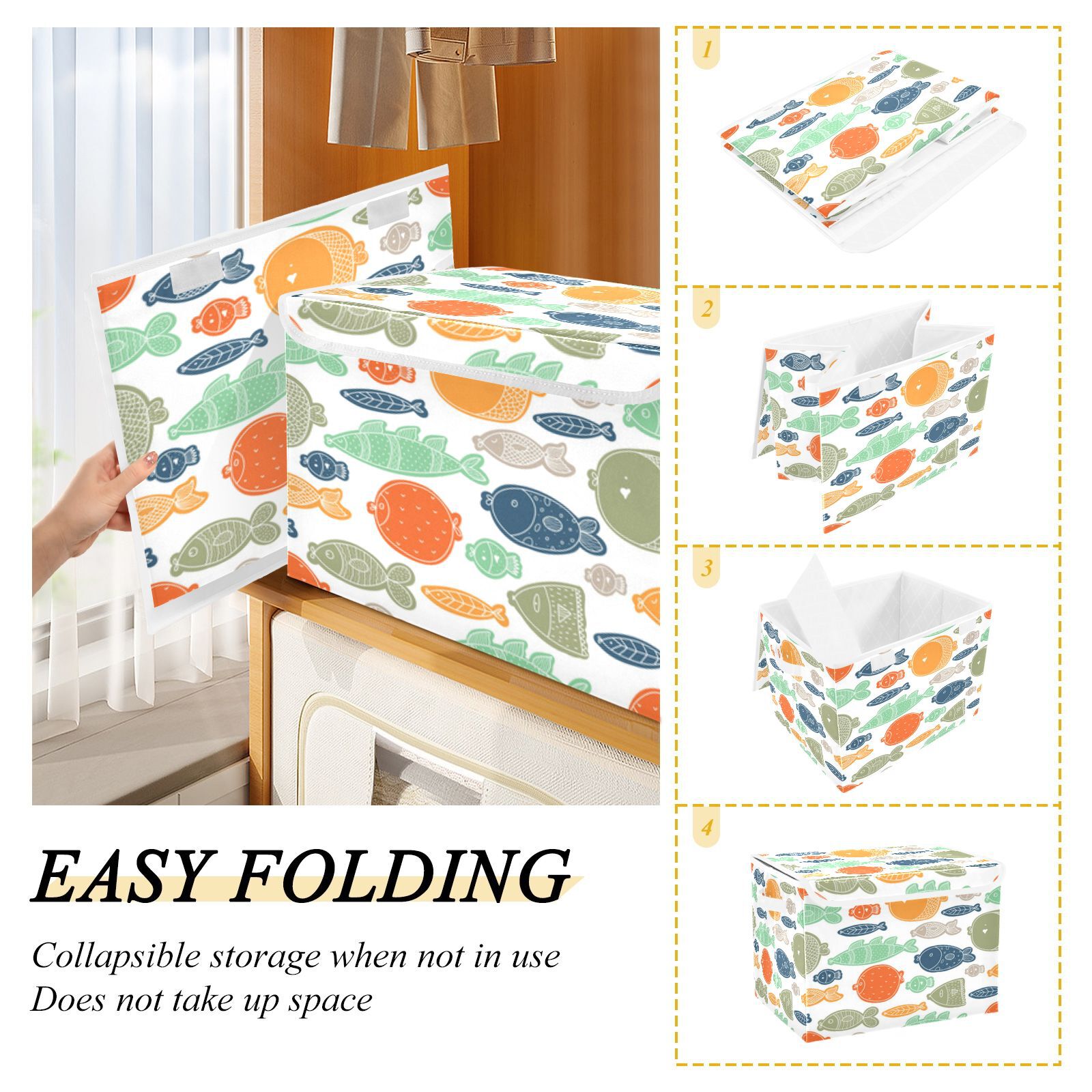 Cute colorful fish pattern Foldable Kids Toy Chest with Flip-Top Lid, Collapsible Fabric Toy Storage Organizer/Bin/Box/Basket/Trunk for Toddler