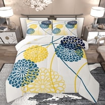 Homewish Dahlia Flower Full Size Comforter Sets,Geometric Floral Theme Bedding Comforter Set,Teal Yellow Stripes Bedding Sets For Kids,Microfiber Bedroom Decor,3 Pieces