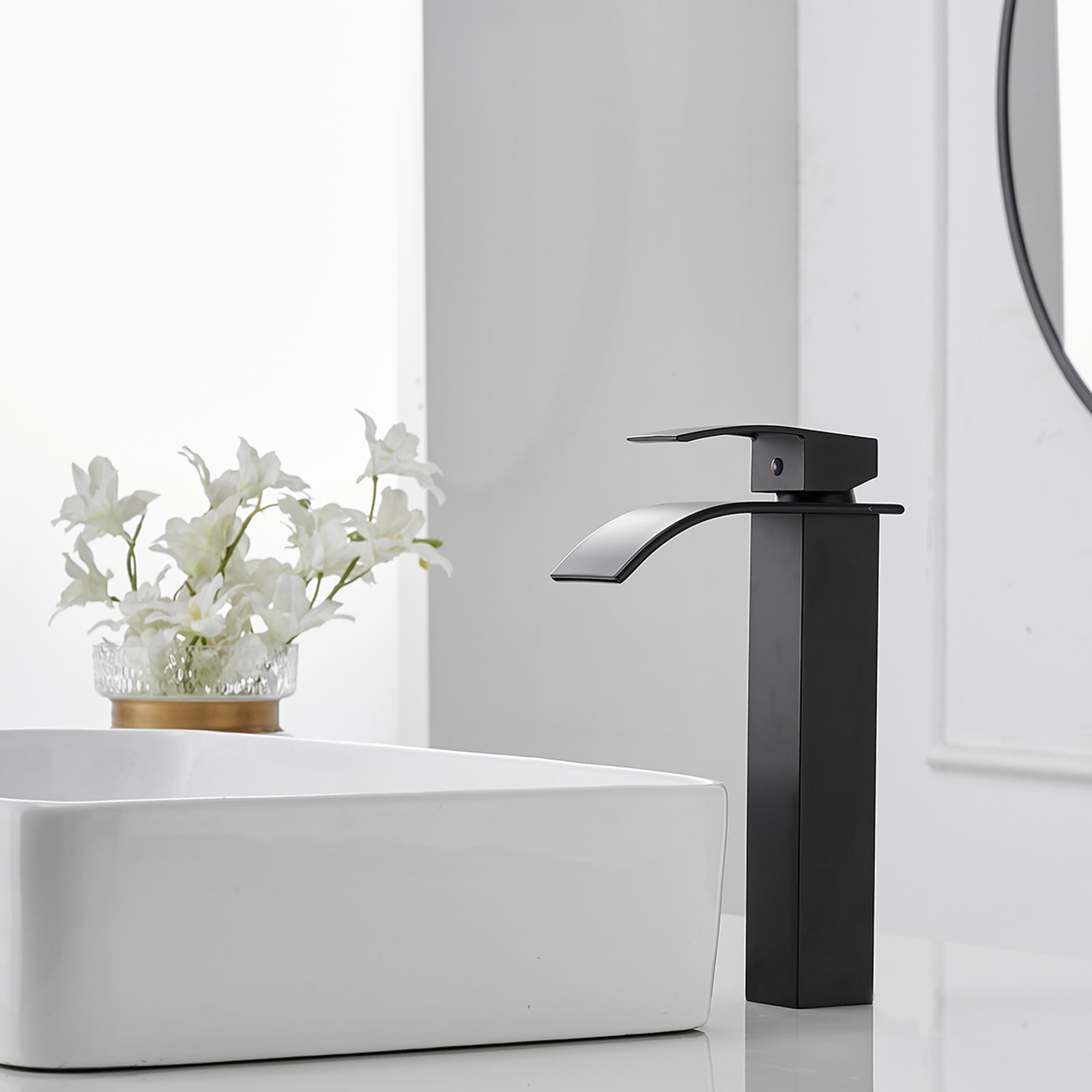 BWE Vessel Sink Faucet Modern Waterfall Matte Black Single Hole Bathroom Faucet Single Handle with Pop up Drain Without Overflow Assembly Vanity Basin Bath Sink Faucets Mixer Tap