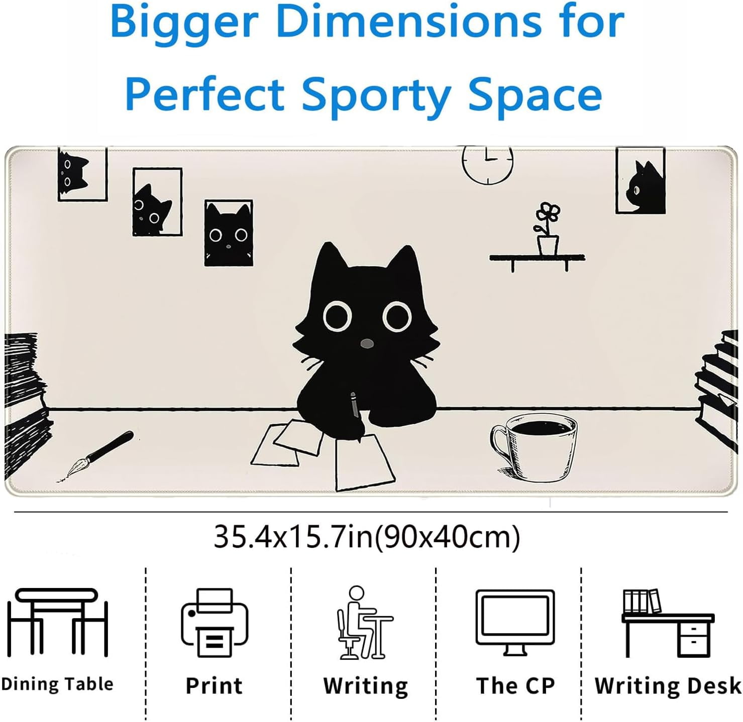 XXL Extended Black Cartoon Cat Mouse Pad Beige Large Minimalist Mousepad Anime Kawaii Big Office Gaming Desk Pads Laptop Keyboard Non-Slip Rubber Mouse Mat(Size:35.4x15.7in)