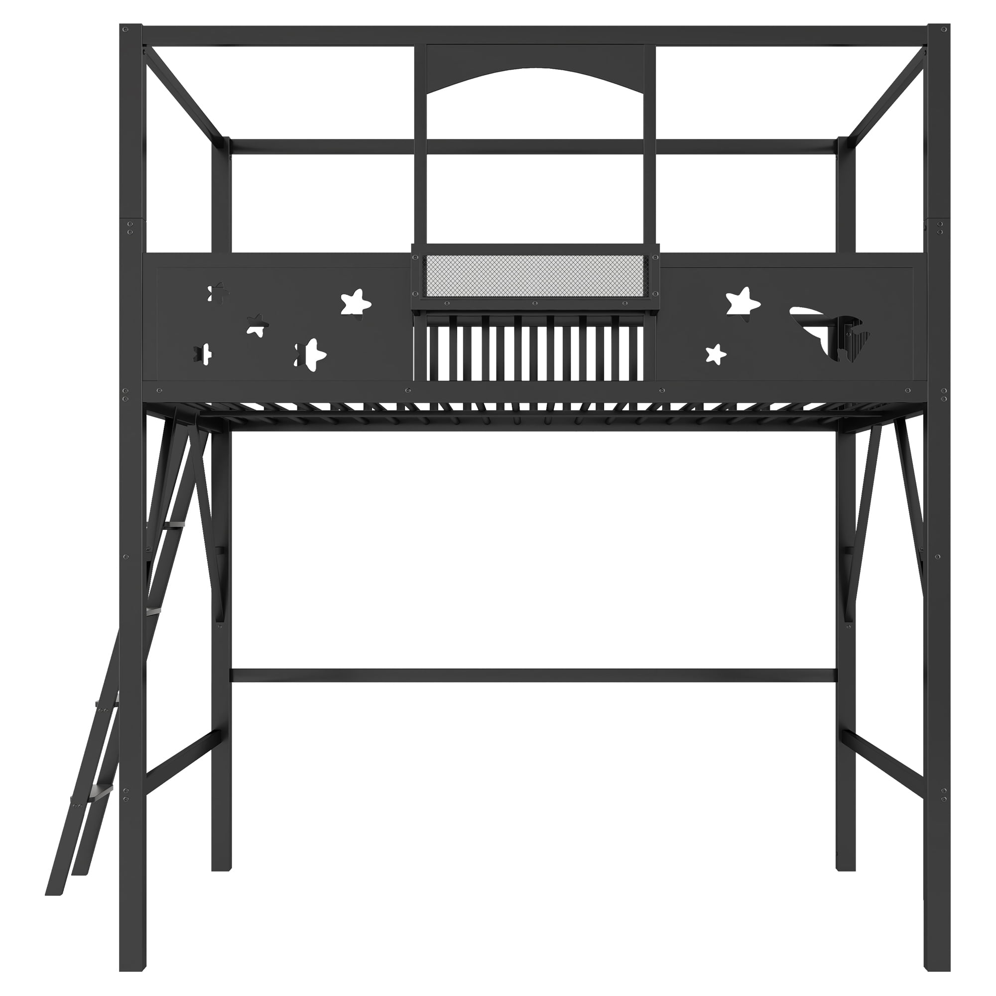 Leumius Full Size Loft Bed with Ladder and Storage Shelves,Metal High Loft Bed for Bedroom,Black