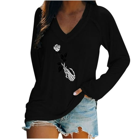 

Moxiu Women Halloween Printed Sweatshirt Casual V Neck Long Sleeve T-shirt Rose Graphic Tunic Pullover
