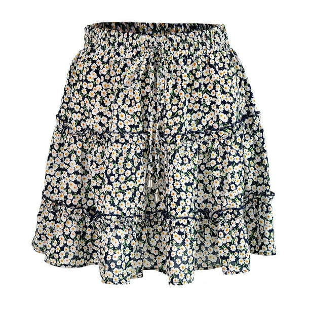 Falda plisada floral con volantes para mujer Minifalda acampanada con cintura plisada floral alta para niñas