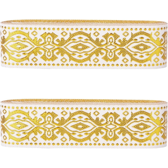 14 Yards Gold Ethnic Jacquard Ribbon Emobridered Woven Ribbon Boho Fabric Sewing Woven Ribbon Floral Trim Fringe Decor Trim for DIY Clothing Curtain Embellishment Decoration 1.3 Inch